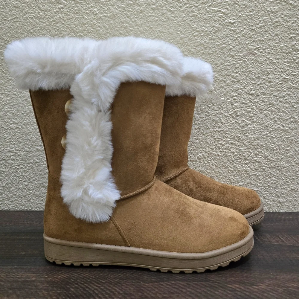 SO Faux Fur Sophia Chestnut‎ Girls Slip On Boots NWT Brown Size 6 Youth